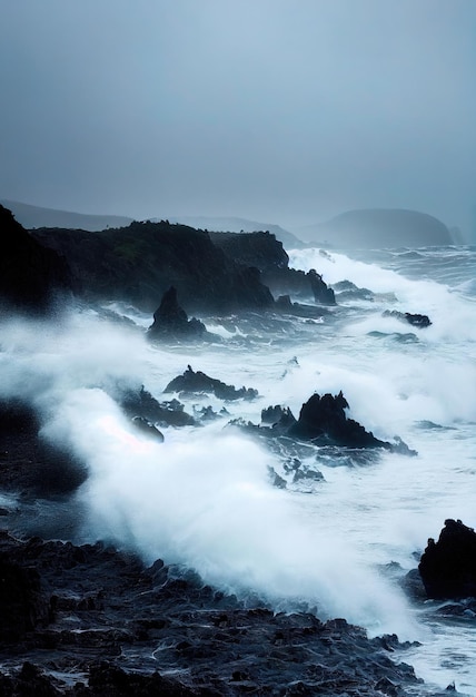 Een storm in een donkere oceaan Zee golven crashen tegen de rotsachtige kust Avond stormachtige zee