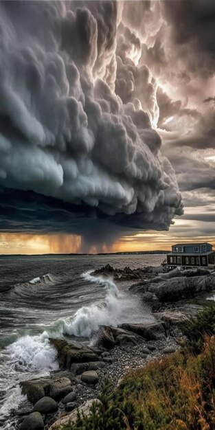 Een storm over de oceaan met op de achtergrond een huis