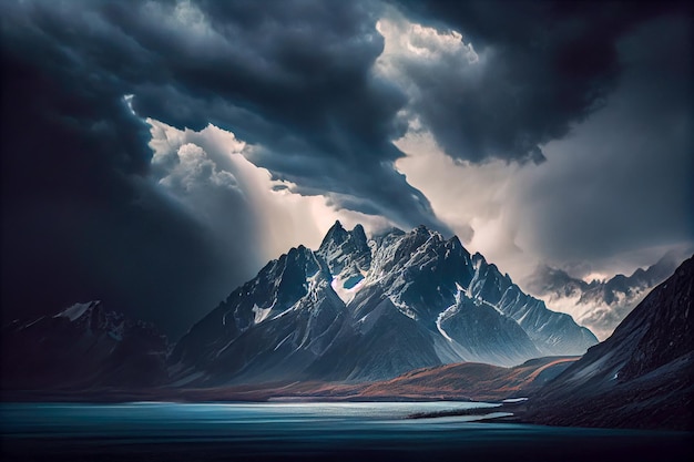 Een storm over een berg met een donkere lucht en wolken