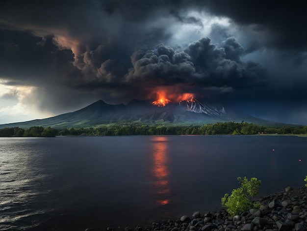Een storm over een meer met een donkere hemel en een vulkaan op de achtergrond