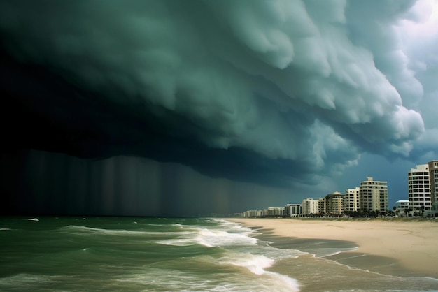 Een storm over een strand met een donkerblauwe lucht en een naderende storm.