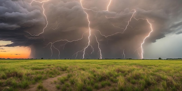 Een storm over het okavangoveld met een veld en een onweersbui