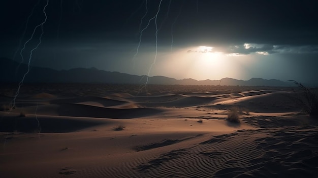 Een storm raast over de zandduinen.