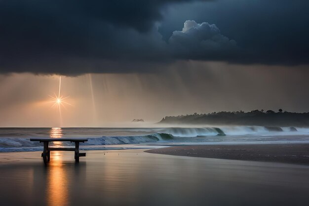 Een storm rolt in over een strand en een golfbreker.