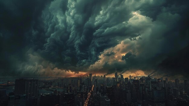 Een stormachtige lucht hangt over de stad en creëert een dramatische achtergrond voor het stadslandschap.