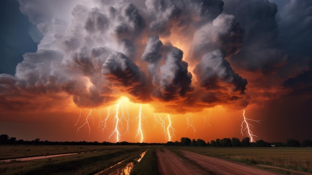 Een stormachtige lucht met meerdere blikseminslagen vertegenwoordigt een zware storm Generatieve AI