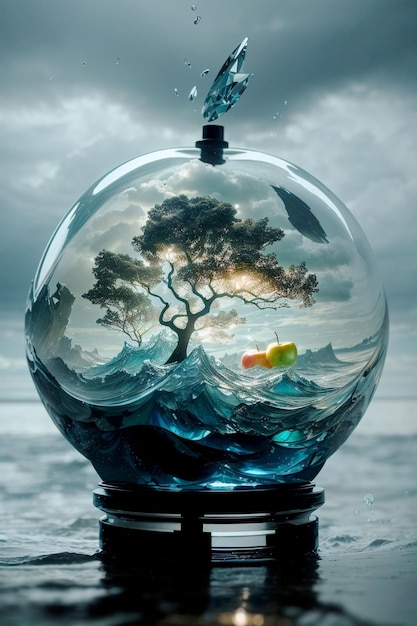 Foto een stormachtige zee en een glazen appel mengen elkaar manipulatie behang achtergrond