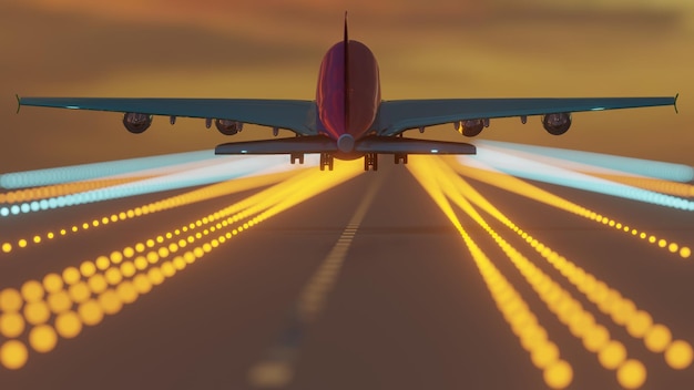 Een straalvliegtuig landt op een taxibaan met schemeringhemel op de achtergrond (3D Rendering)