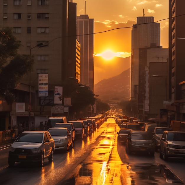 een straat gevuld met veel verkeer naast een hoog gebouw zonsondergang foto