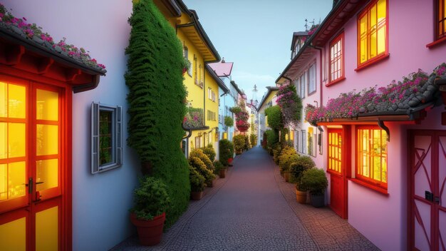 Een straat in de avond met een rode deur en een rode deur.