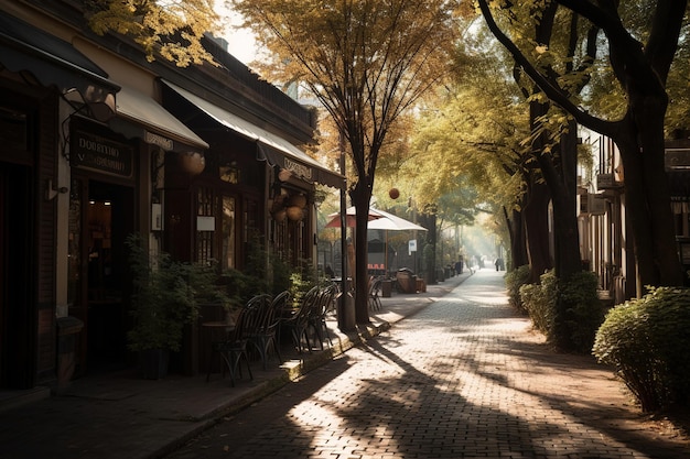 Een straat in de herfst met een boom op de voorgrond en een bord met 'café'