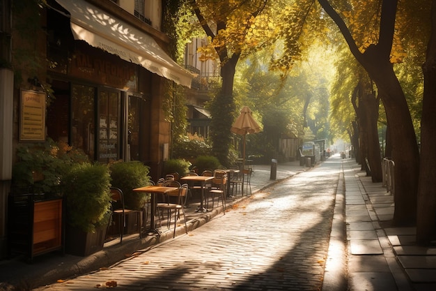 Een straat in de herfst met een bordleescafé