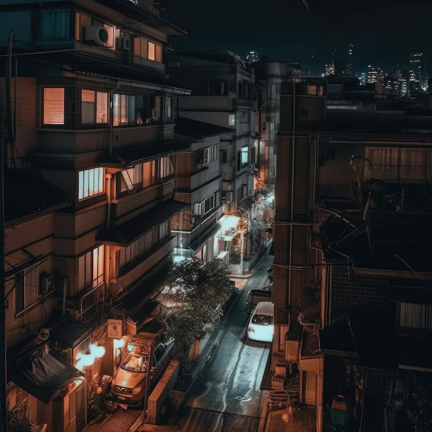 Een straat in de stad bij nacht