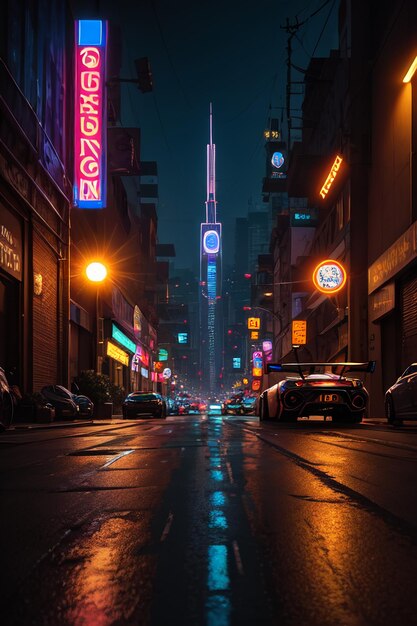 Een straat in de stad met een neonbord waarop 'frans' staat