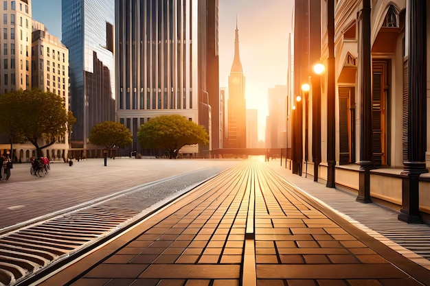 Een straat in de stad met een zonsondergang op de achtergrond