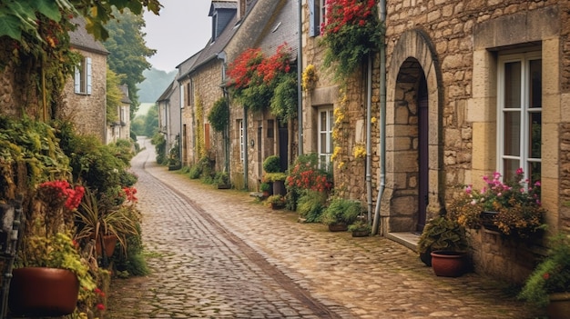 Een straat in een dorp met bloemen aan de muren