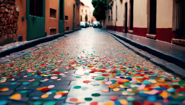 Een straat met confetti erop