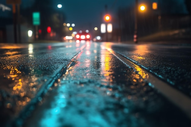 Een straat met een wazig beeld van een stadsstraat 's nachts.