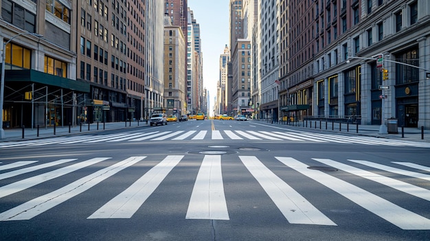 een straat met een witte voetgangerspad en een gele taxi op de weg