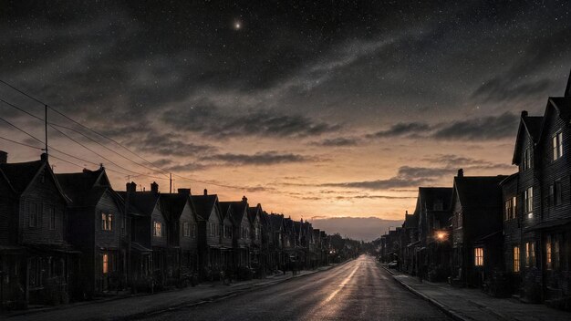 een straat met huizen aan de horizon en een lucht met wolken