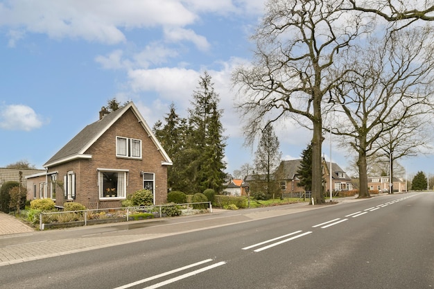 Foto een straat met huizen en bomen in het midden van de foto is genomen op een zonnige, heldere dag