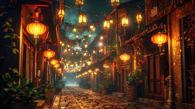 een straat met lantaarns en lantaarns erop