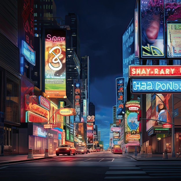 Een straat met neonreclames 's nachts vectorillustratie