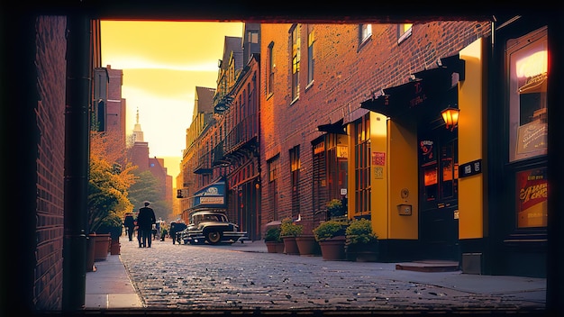 Een straat scène met een gele deur met het woord bar erop.