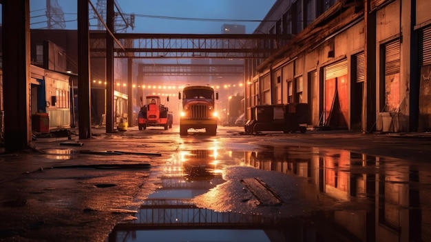Een straat scène met een vrachtwagen en lichten op het dak.
