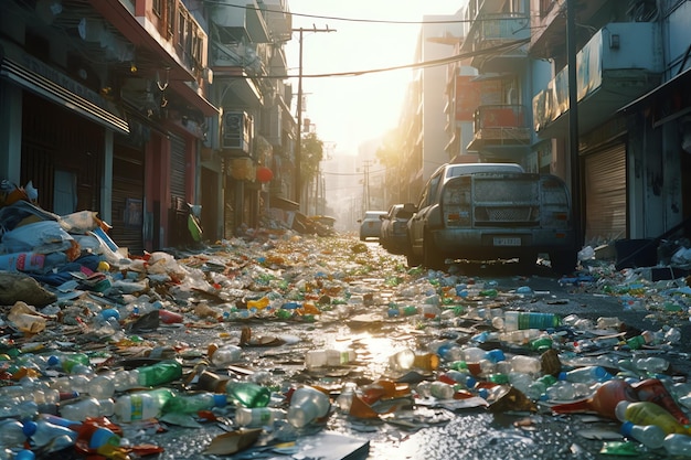 Een straat vol afval en een auto met het woord afval erop