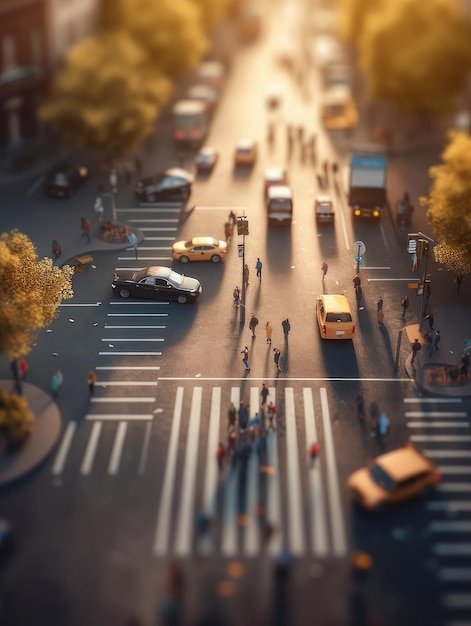 Een straatbeeld met een druk kruispunt en een gele taxi.