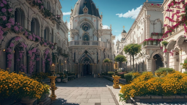 Een straatbeeld met een kerk in het centrum en een paar bloemen op de grond.