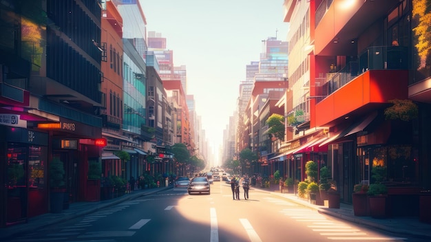 Een straatbeeld met een straatbeeld en een gebouw met een rood licht.