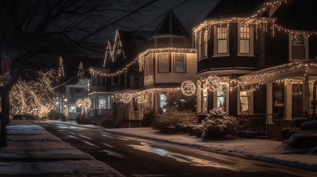 Een straatbeeld met kerstverlichting en een huis op de achtergrond.