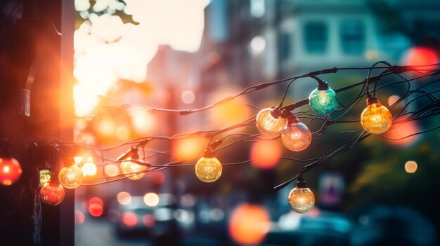 Een straatbeeld met lichtjes op de takken en de woorden kerstverlichting erop