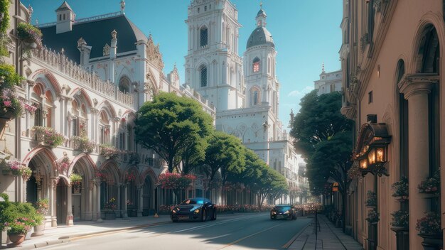 Een straatbeeld met op de achtergrond een kerk