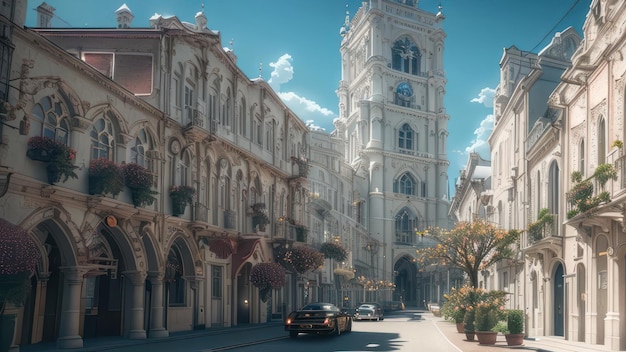 Een straatbeeld met op de achtergrond een kerk