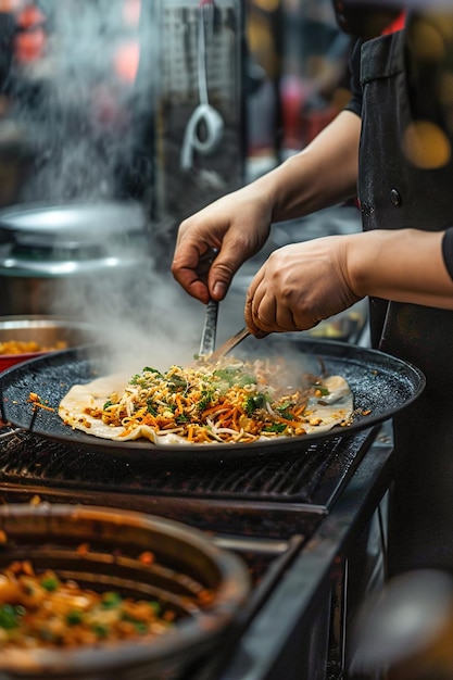 Een straatfoodverkoper bereidt vakkundig een populair gerecht voor