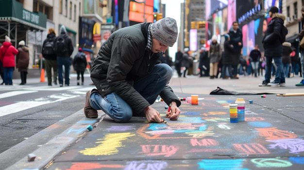 Foto een straatkunstenaar is hard aan het werk aan een kleurrijke krijttekening op een drukke stadsstraat