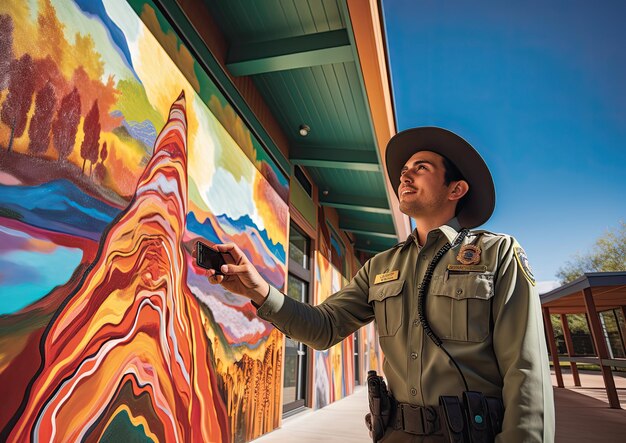 Een straatkunstfoto van een Park Ranger die een levendige muurschildering aan de zijkant van een bezoekerscentrum schildert