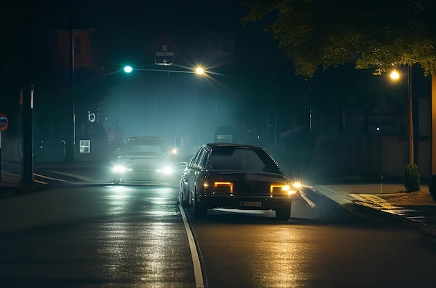 Een straatlantaarn met een auto die erover rijdt en de lichten op de straat zijn aangestoken