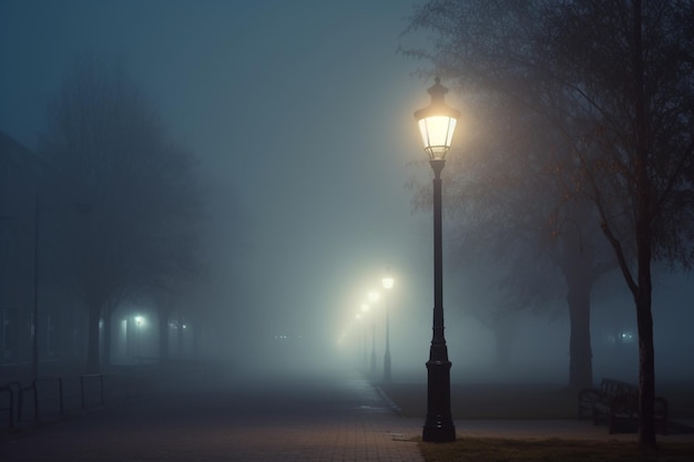 Een straatlantaarn op een mistige nacht