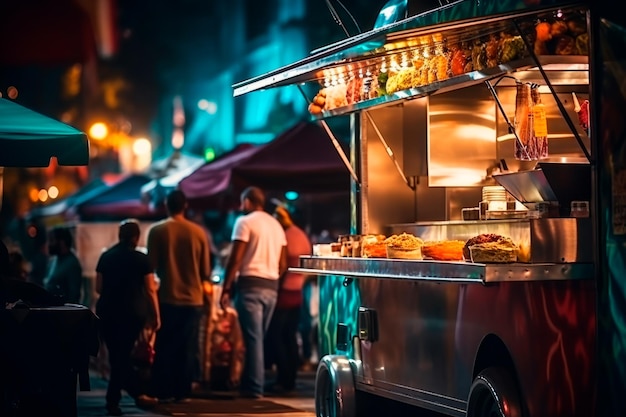 Foto een straatvoedselmarkt met verschillende foodtrucks gemaakt met generatieve ai-technologie