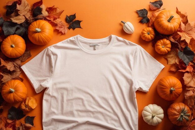 Een strak wit t-shirt mockup met Halloween pompoenen en bladeren eromheen gezien van boven