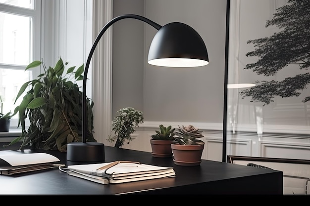 Een strakke en minimalistische lamp met een zwarte of witte afwerking gemaakt met generatieve ai