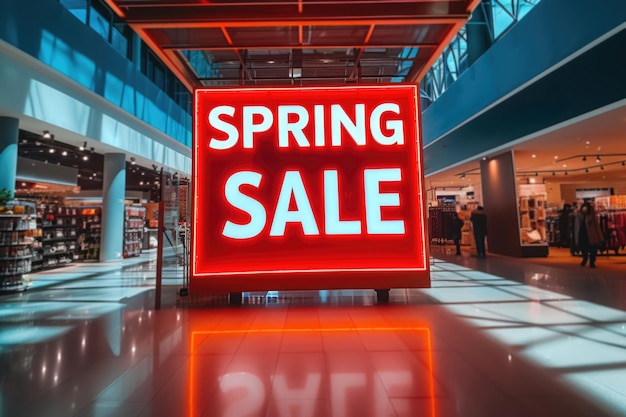 Een strakke en moderne winkelomgeving met een prominent wit SPRING SALE-bord tegen een levendige rode muur