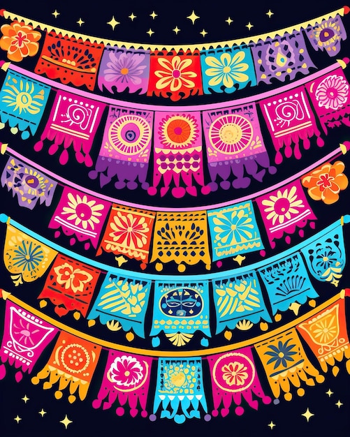 Een stralend Mexicaans borduurwerk met een cascade van kleurrijke papel picado vlaggen