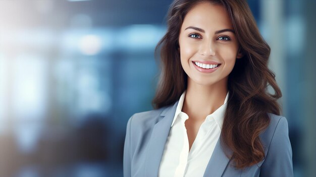Een stralende vrouw met glanzend bruin haar en een glanzende glimlach, gekleed in een formeel pak, tegen een wazige kantoorachtergrond