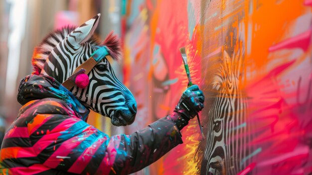 Een stralende zebra in een schilderkleding creëert een muurschildering op een stadsmuur