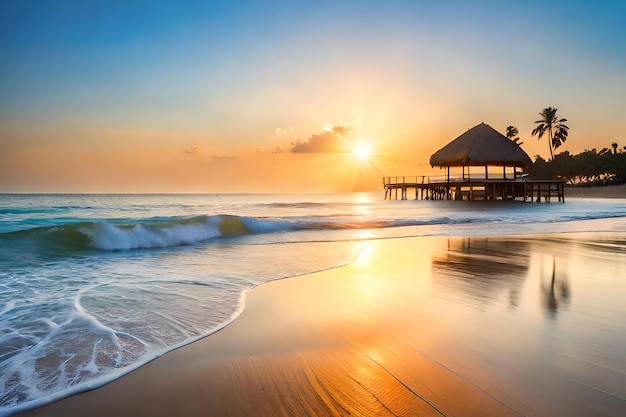 Een strand bij zonsondergang met een hut op de achtergrond